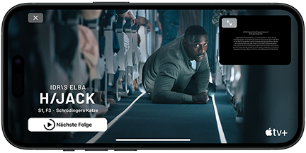 Ein iPhone 15, auf dem gerade die Apple TV+ Serie Hijack luft