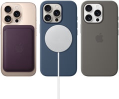 Drei iPhone 16 Pro Gerte, Rckseite, mit verbundenem MagSafe Zubehr: iPhone Feingewebe MagSafe Wallet, MagSafe Ladegert und iPhone Silikon Case mit MagSafe